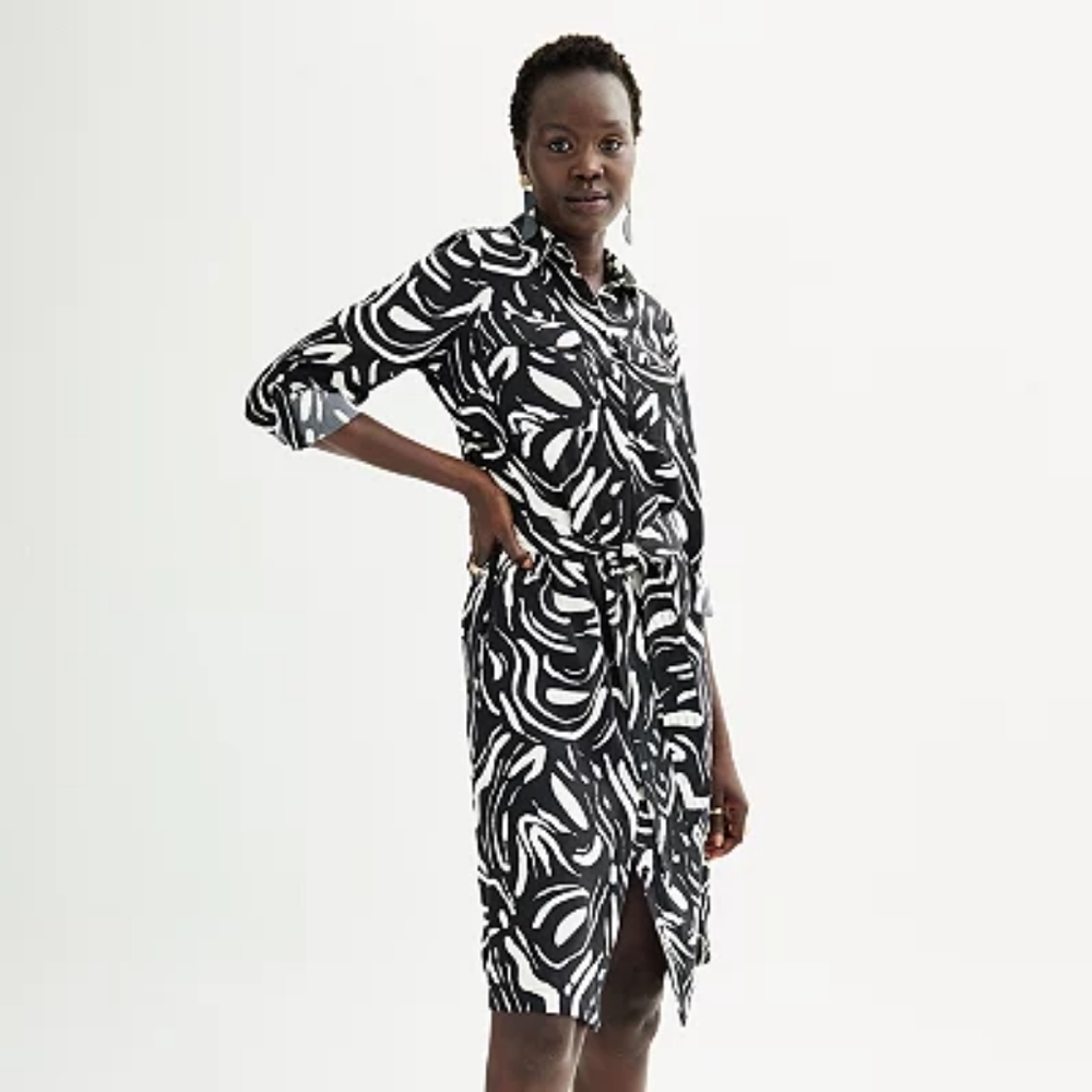Nine West Belted Shirt Dress Long Roll Tab Sleeves Black & White Print Size M